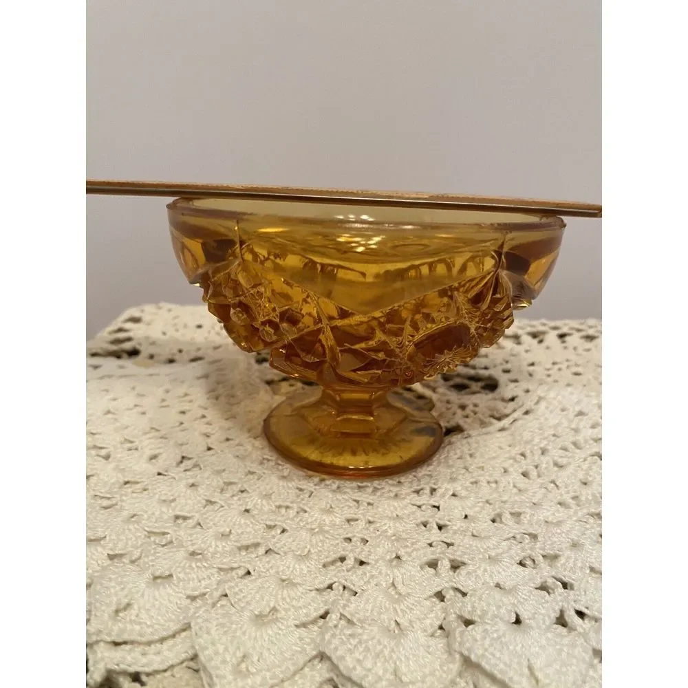 Vintage Kemper Amber Gold Pedestal Candy‎ dish hobnail starburst pattern